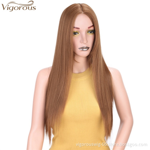 Vigorous Long Silky Straight Synthetic Wigs Middle Part Honey Brown Natural Looking Cospaly Daily Use Wigs Wholesale Price